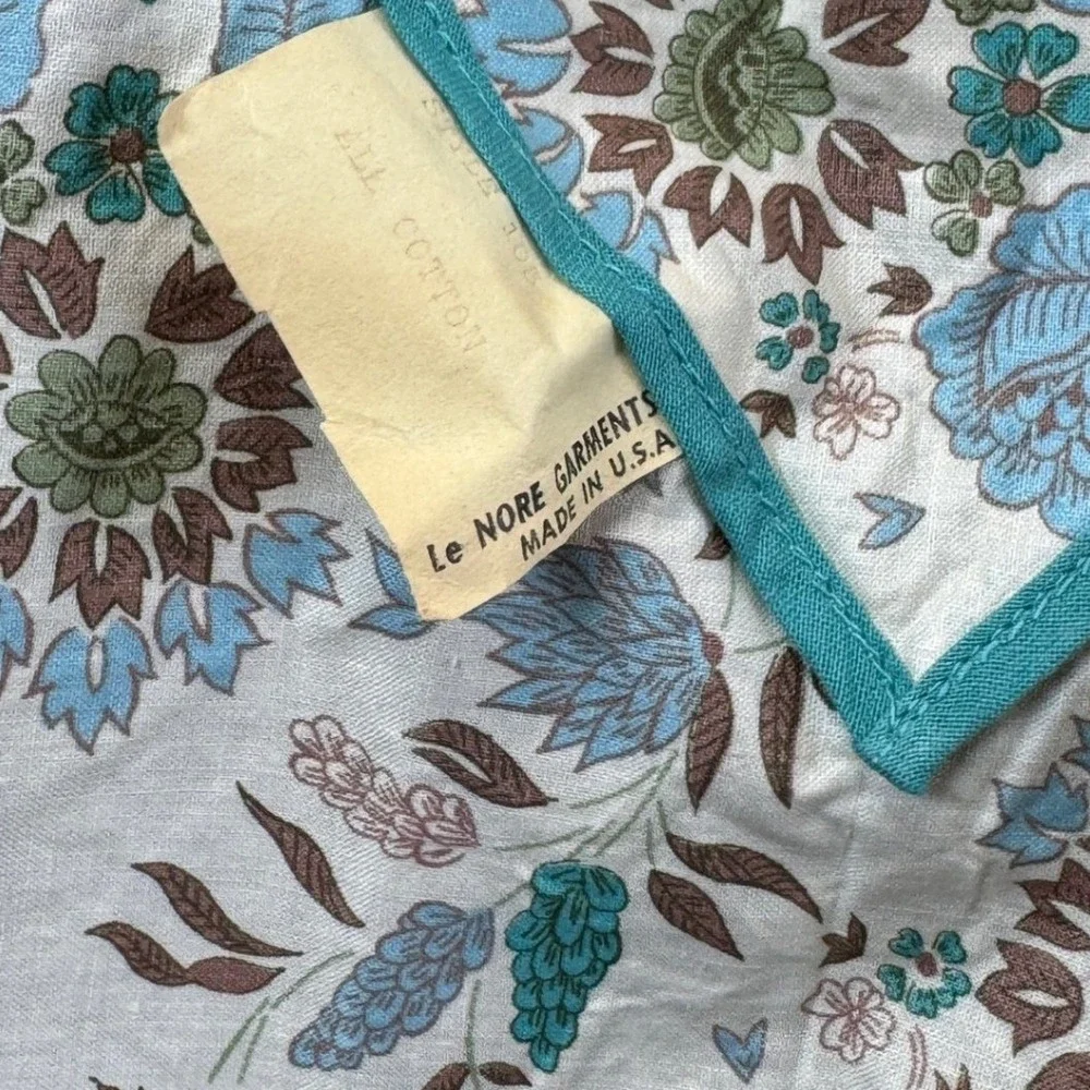 Vintage Lenore Fabrics Floral Half Apron Blue Cream Cottagecore Heart Pocket NOS